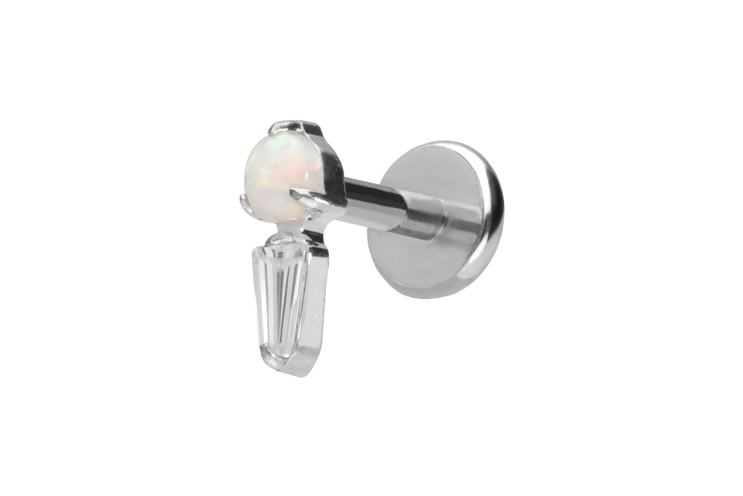 Titan Labret Piercing mit Push Fit SYNTHETISCHER OPAL + KRISTALLRECHTECK